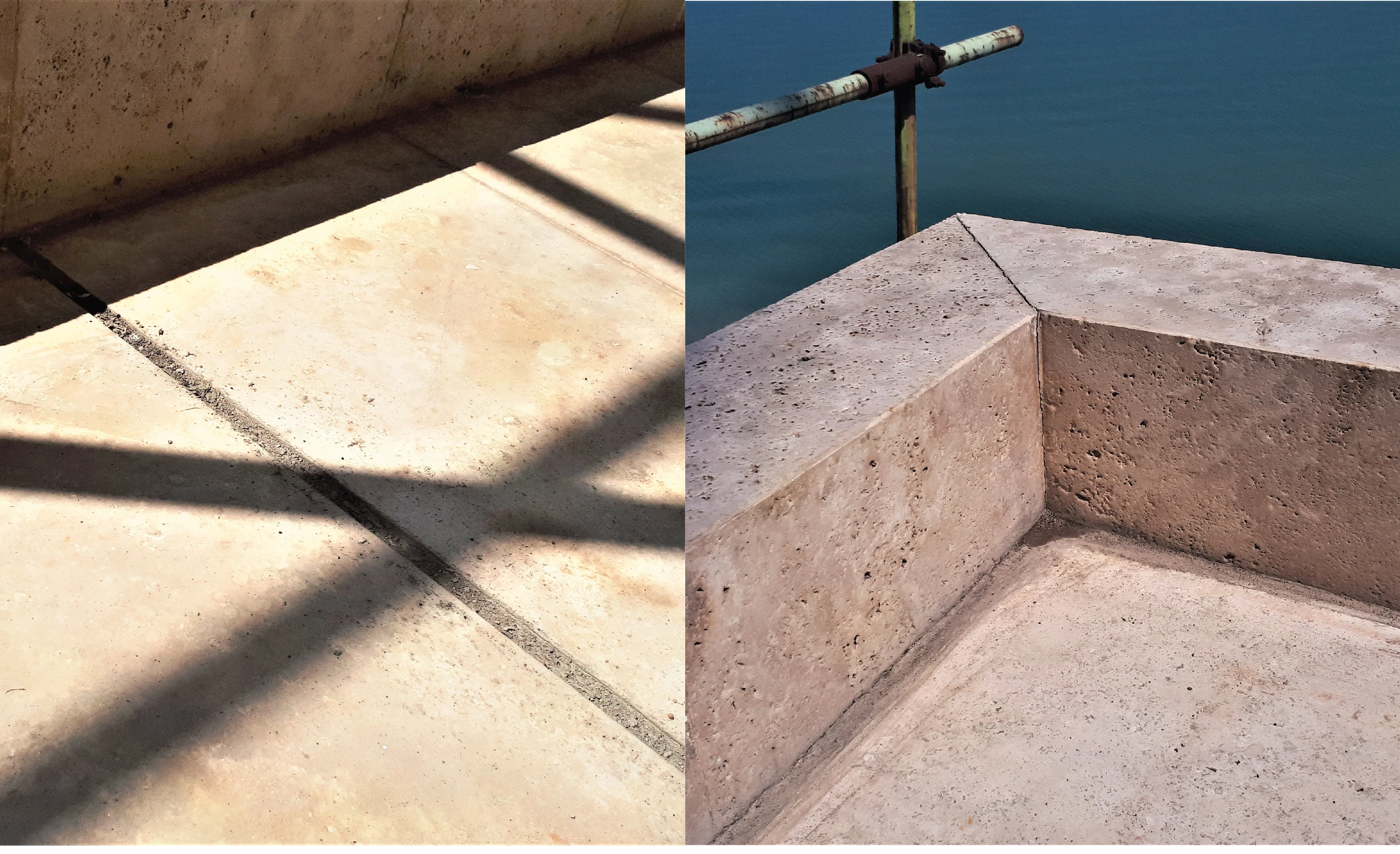 Expansion joint created at the edge of large terraces with elastomeric material.