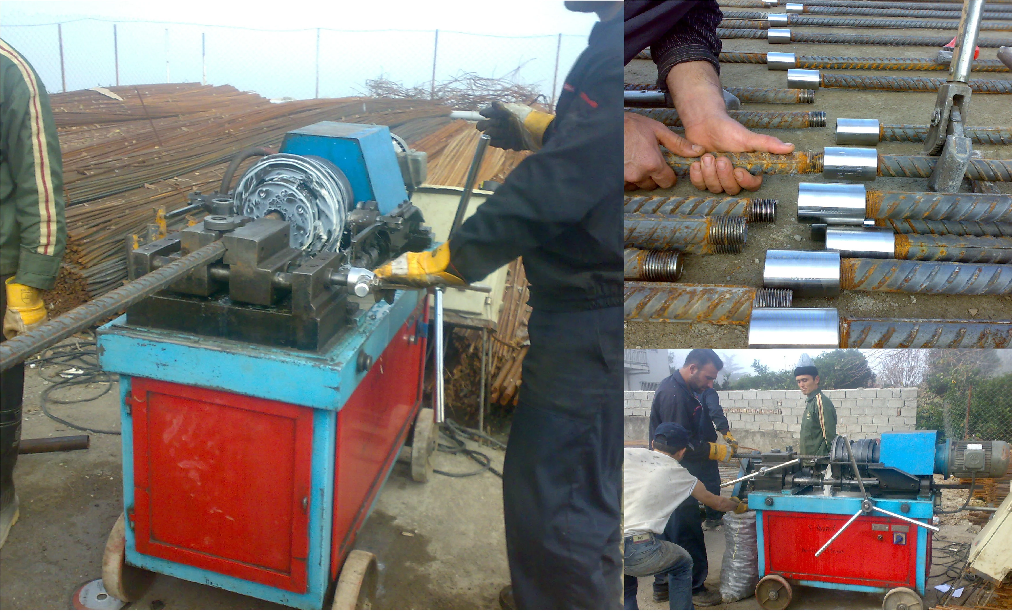 Threading rebar for mechanical couplers. Couplers used at rebar connections instead of lap splices.