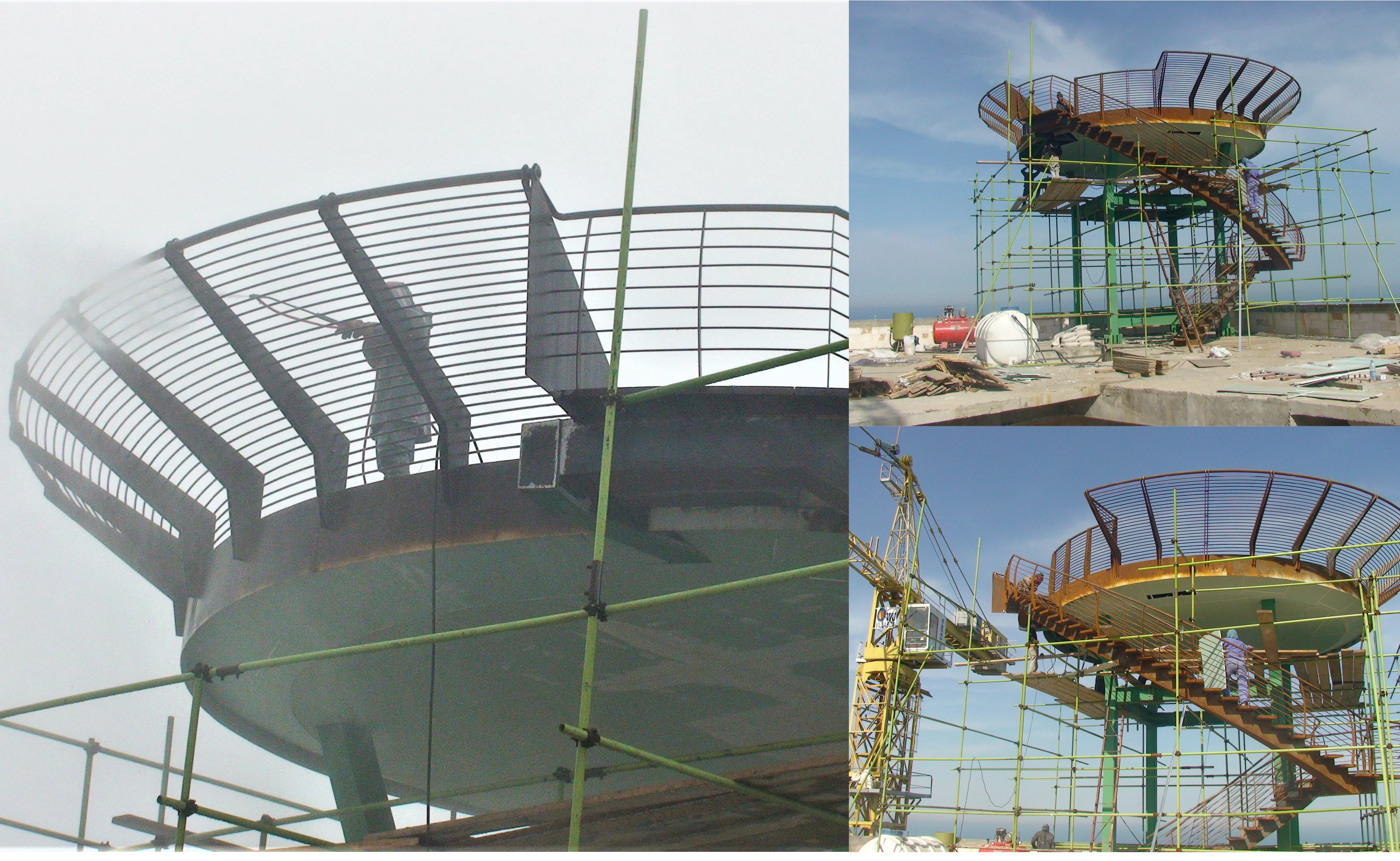 Sandblasting the helipad railing. Knauf board installed beneath the helipad ceiling.