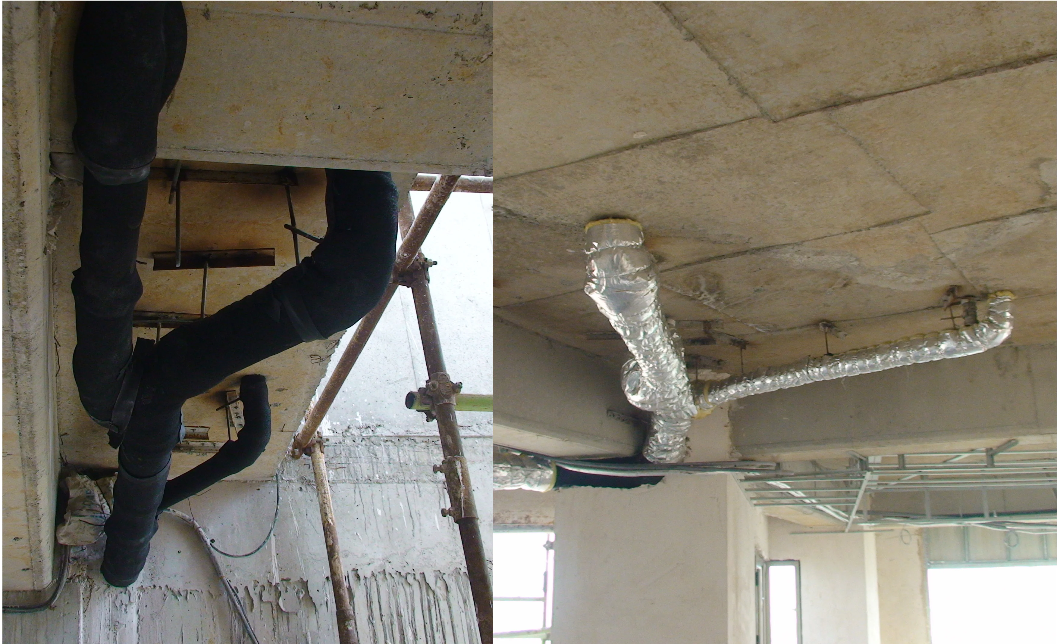 First layer of elastomeric insulation applied to the waste pipes for sound insulation.