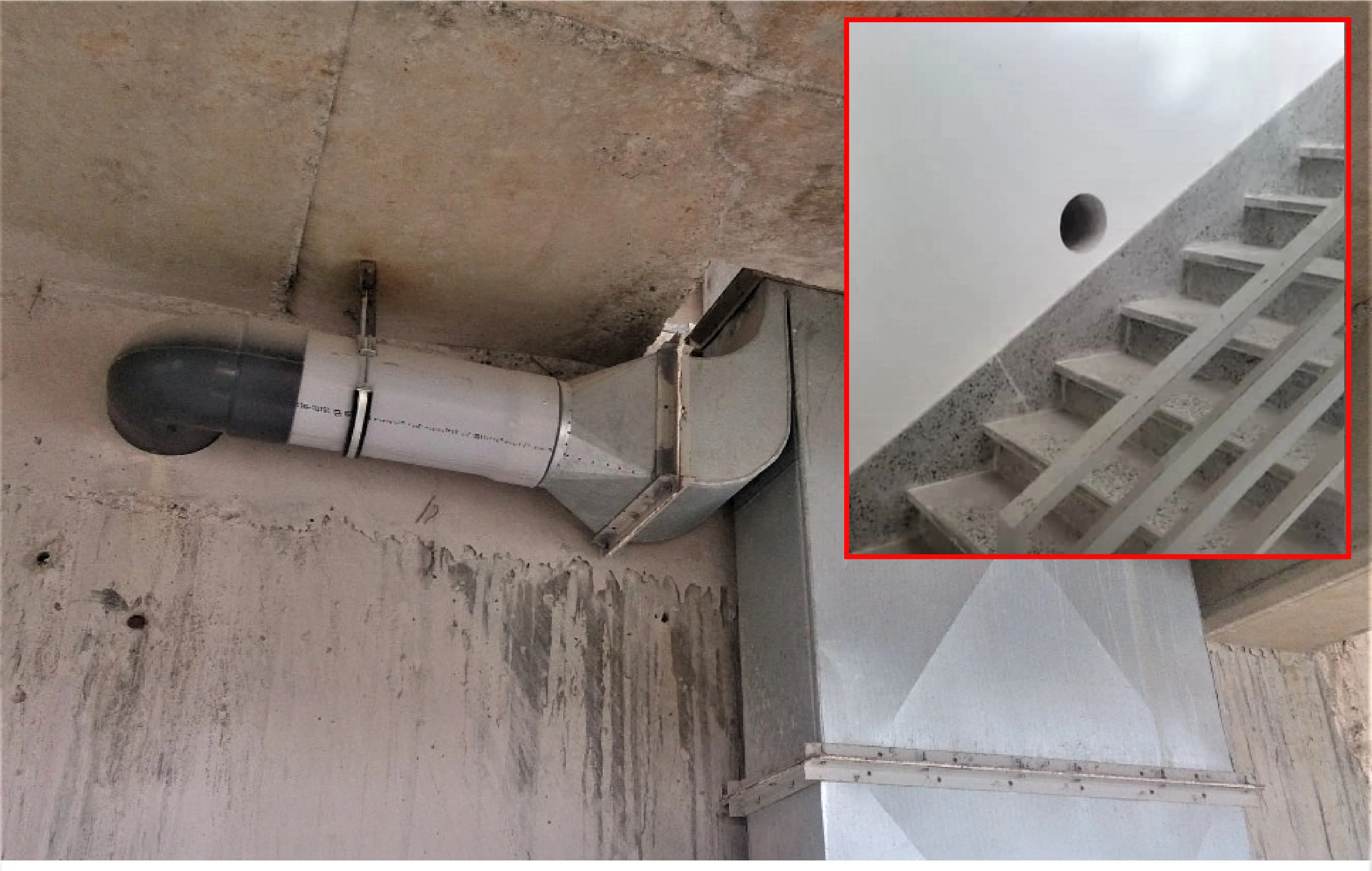Stairwell positive-pressure fan system installed.