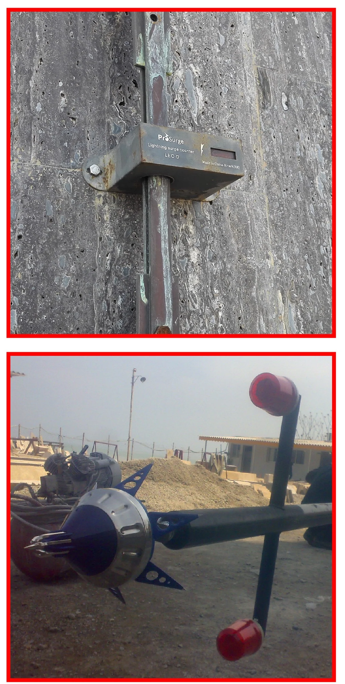 Electronic lightning-protection system installed, with a strike counter fitted.