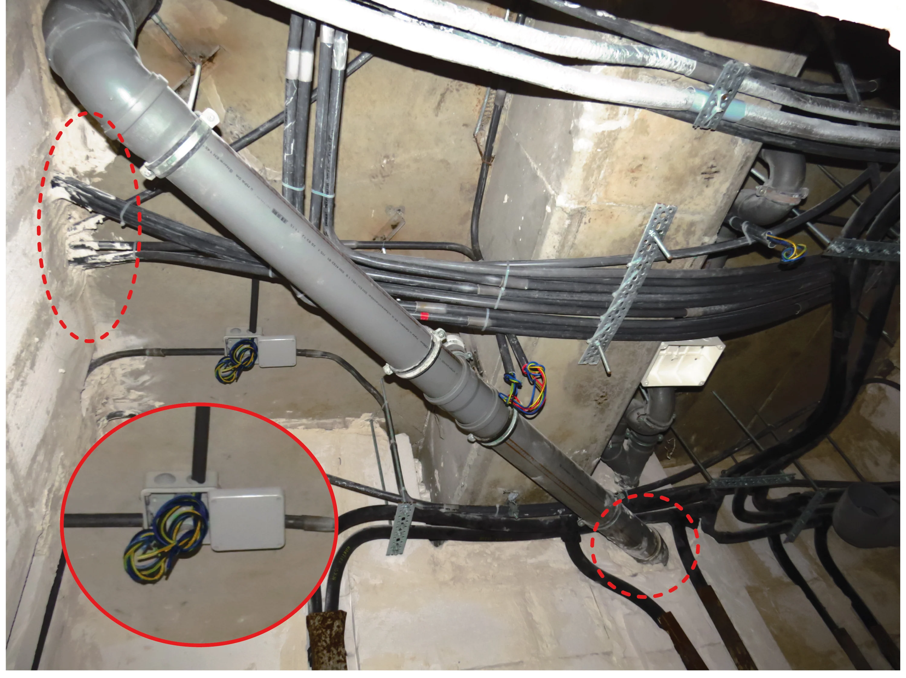 Precise electrical junction box installation in the ceilings, with pipe penetrations sealed airtight.