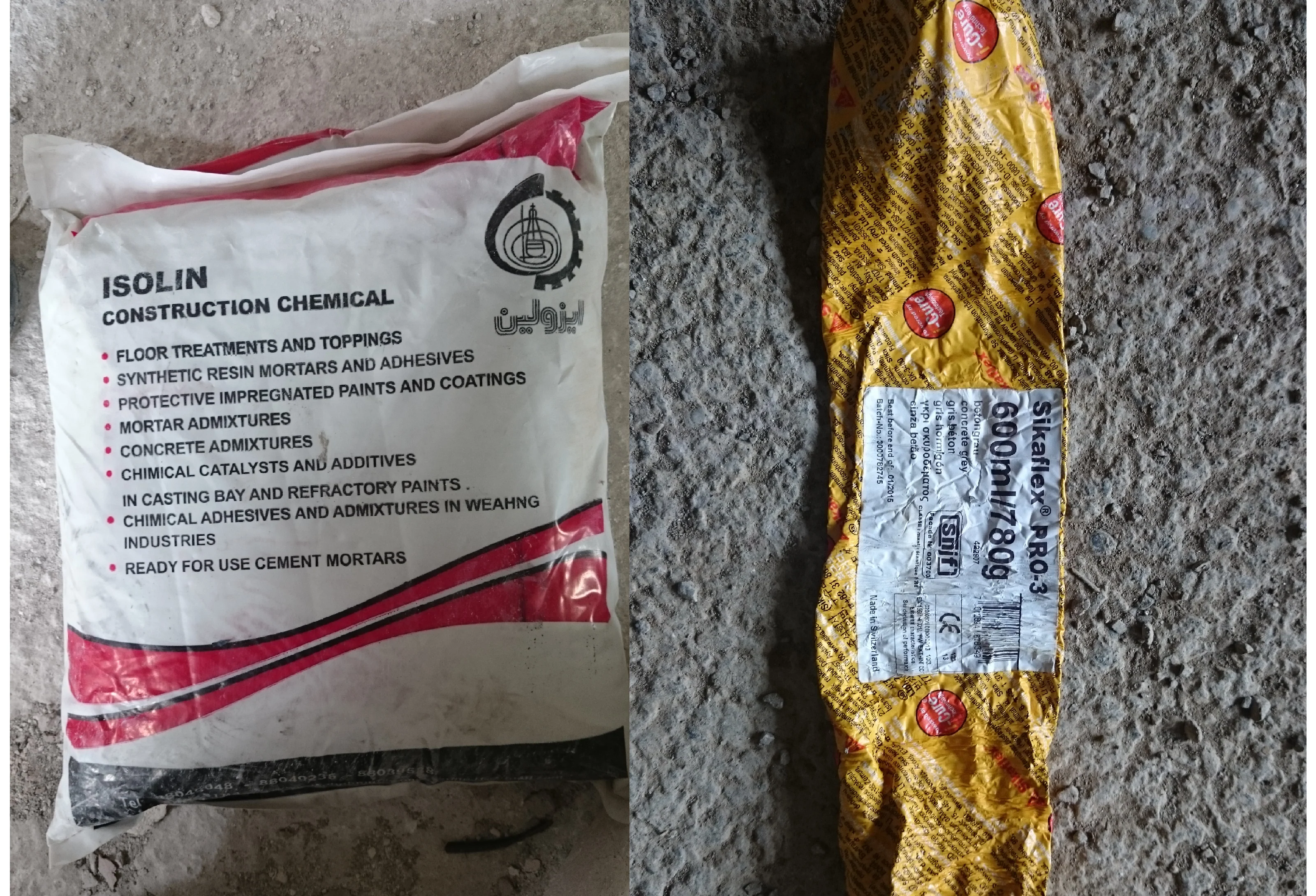 Sikaflex sealant for window joints, and Isolin material for bathroom floor waterproofing.