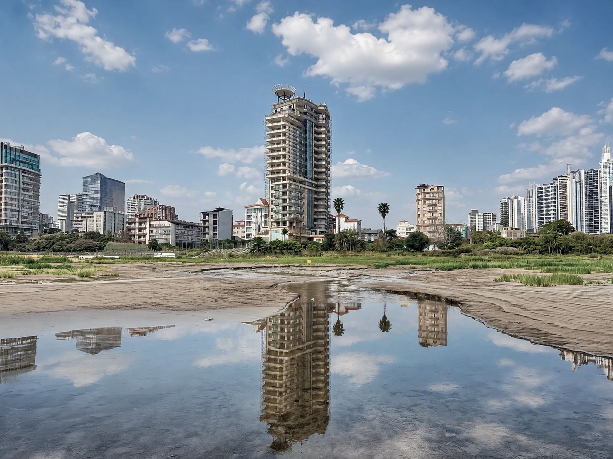 Maghrebi Tower seen from the shore, travertine cladding and the glazed corner bays running its full height