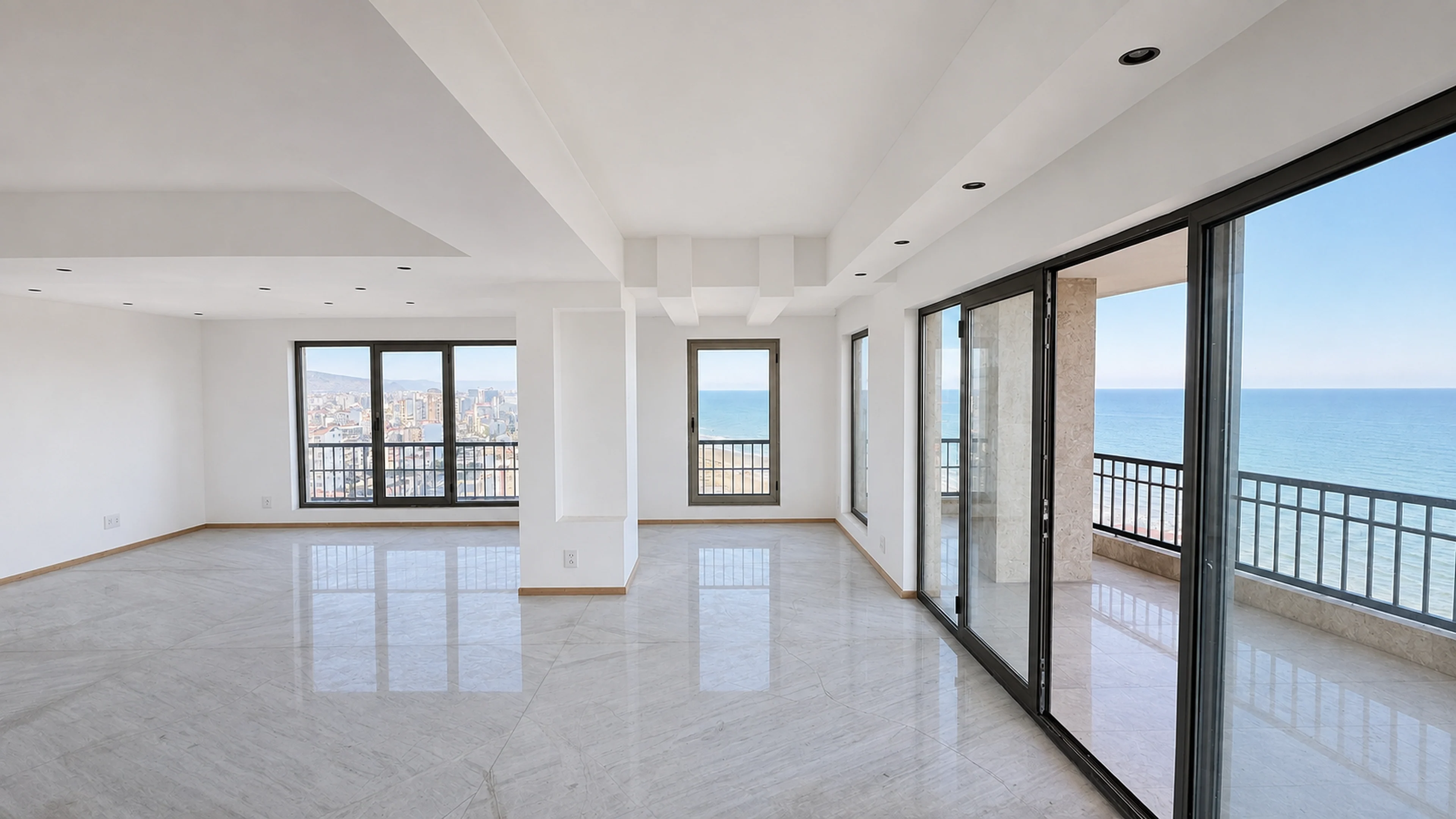 Marble flooring and window reveals, photographed before furnishing